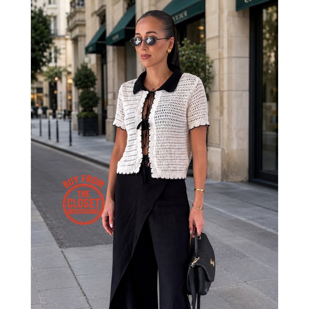 Zara NWT Ecru Black Crochet Polo Collar Tie Front Short Sleeve Top L - Picture 7 of 15